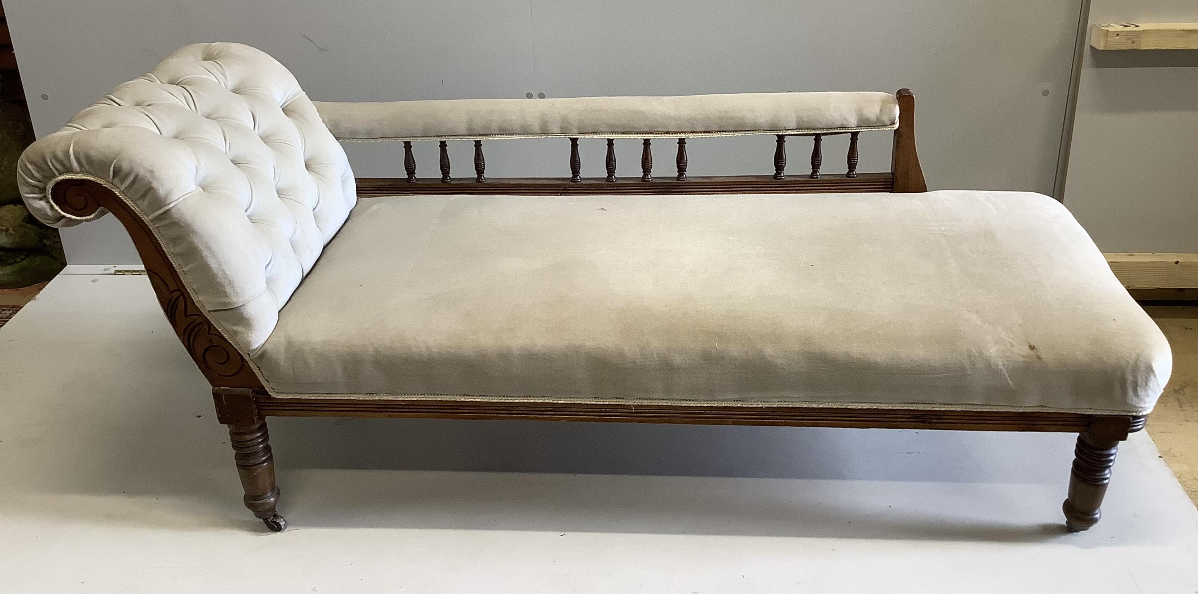 A late Victorian mahogany chaise longue, width 170cm, depth 58cm, height 70cm